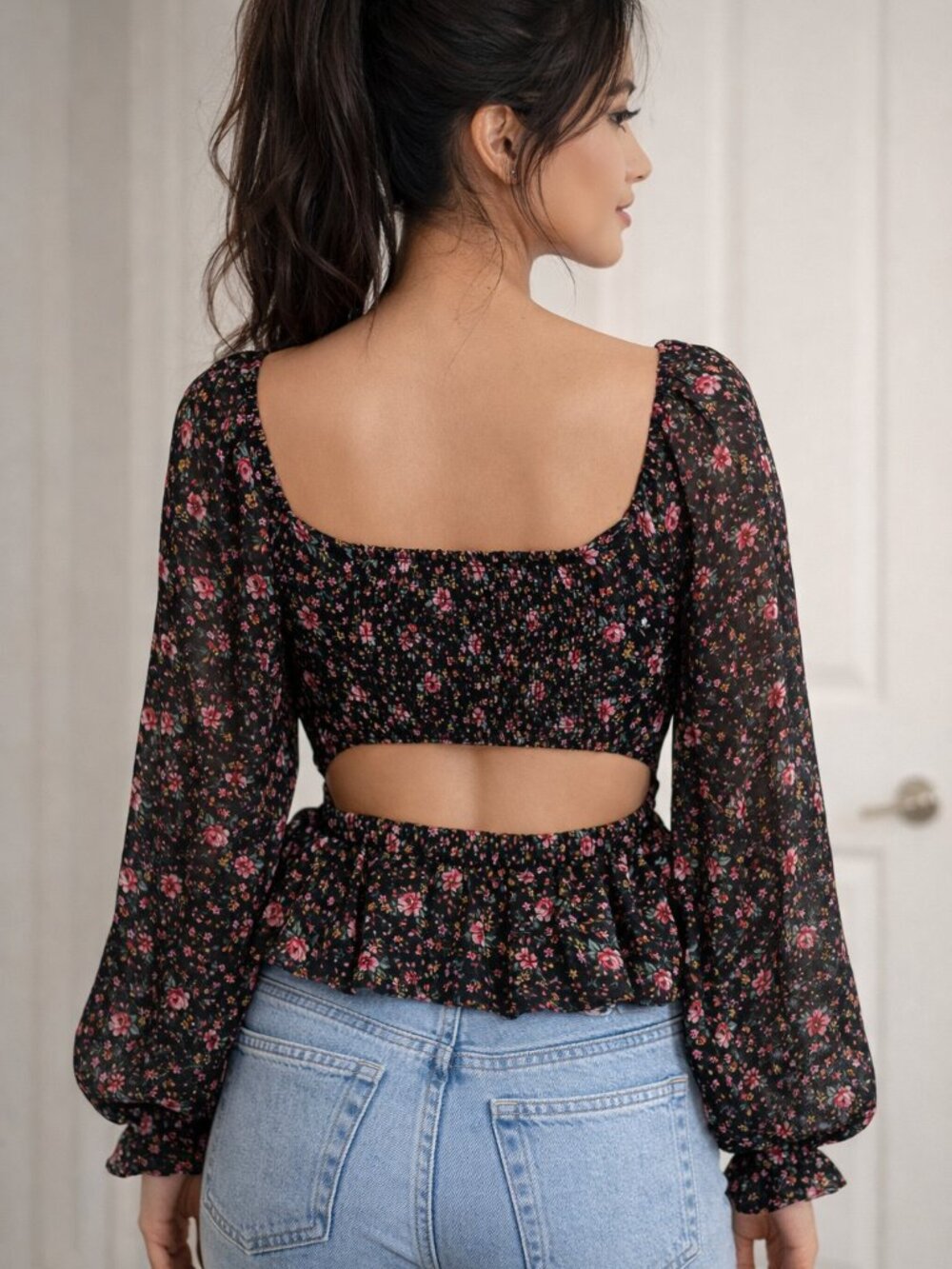 WAYF Women XS Floral Crop Top Square Neck Open Back Adjustable Tie Waist Blouse